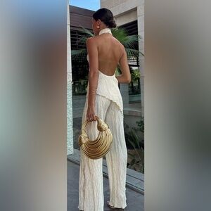 Elegant Set Assymetric Halter crop top with Wide Leg Pants color champagne